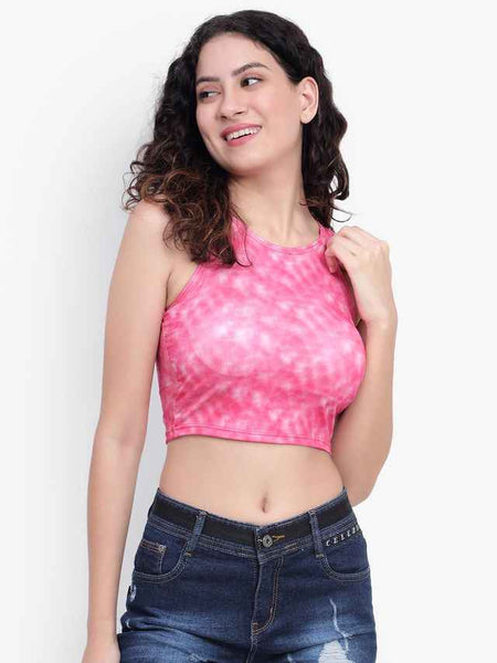 Abstract Printed Round Neck Fitted Opaque Crop Cotton Fitted Top