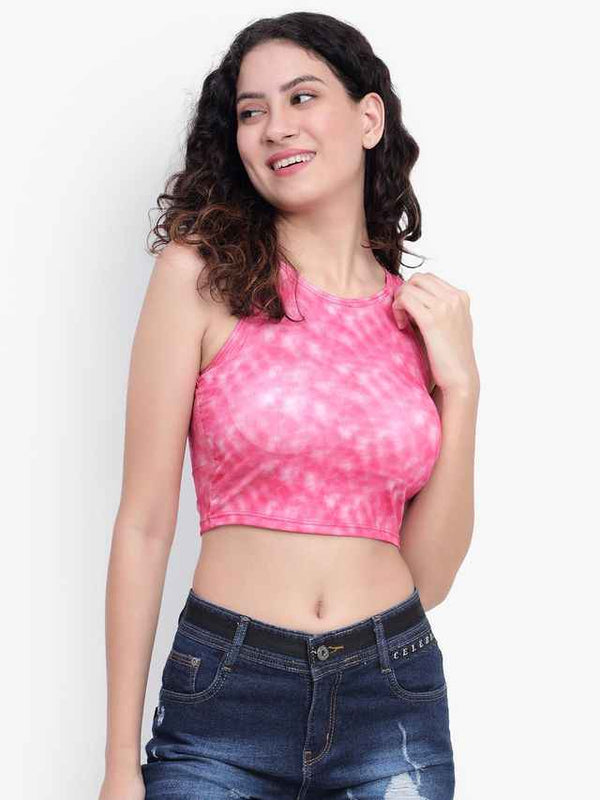 Abstract Printed Round Neck Fitted Opaque Crop Cotton Fitted Top