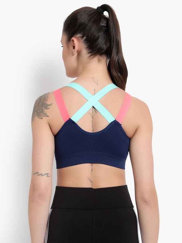 Navy Blue Solid Non-Wired Removable Padding Workout Bra