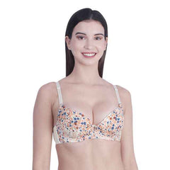 Women Beige & White Floral Underwired Lightly Padded Pushup T-Shirt Bra