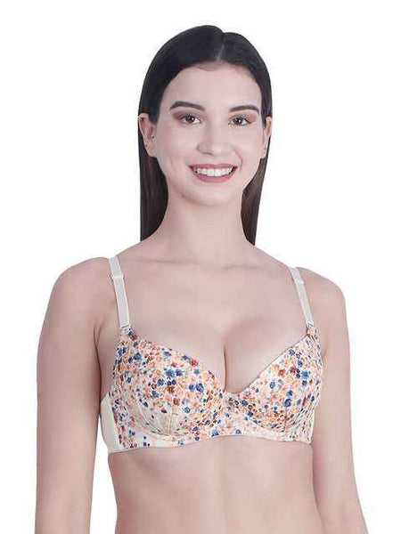 Women Beige & White Floral Underwired Lightly Padded Pushup T-Shirt Bra