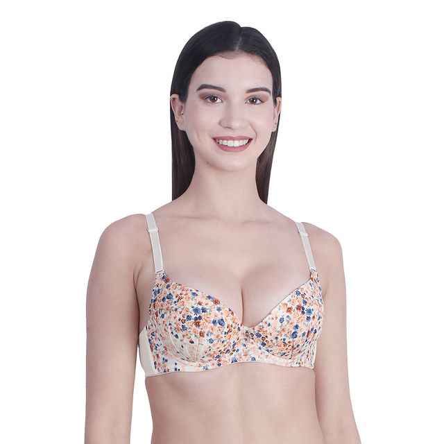 Women Beige & White Floral Underwired Lightly Padded Pushup T-Shirt Bra
