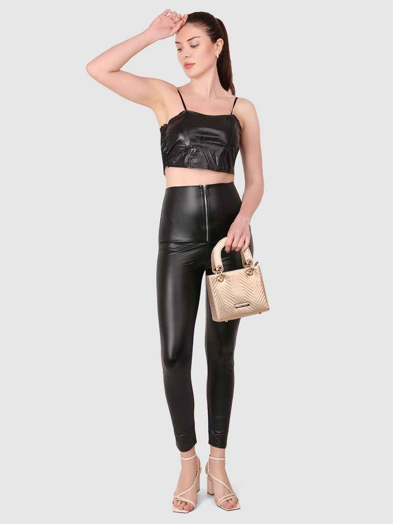 Skinny Fit Black Leather-Effect Front Zipper Ankle-Length Jeggings