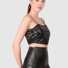 Women  PU Leather Crop Top Solid Bandeau Tube Tops