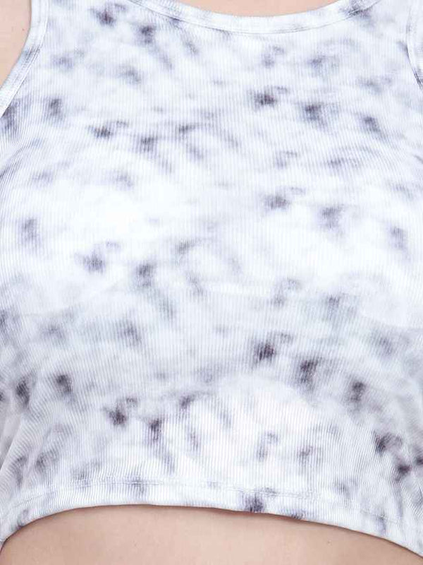 Abstract Printed Round Neck Fitted Opaque Crop Top