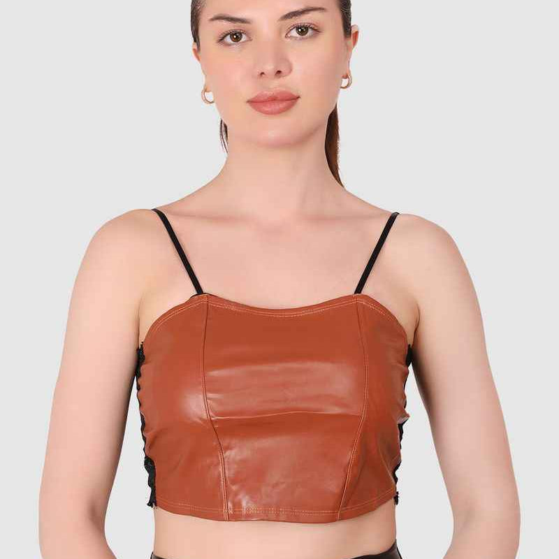 Women Brown  PU Leather Crop Top Solid Bandeau Tube Tops