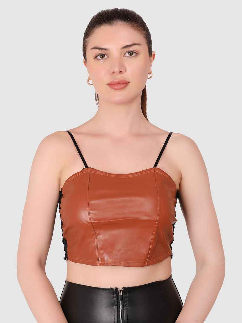 Women Brown  PU Leather Crop Top Solid Bandeau Tube Tops