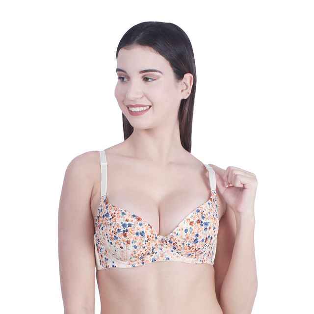 Women Beige & White Floral Underwired Lightly Padded Pushup T-Shirt Bra