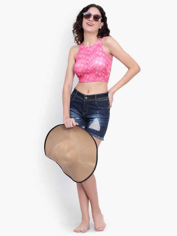 Abstract Printed Round Neck Fitted Opaque Crop Cotton Fitted Top