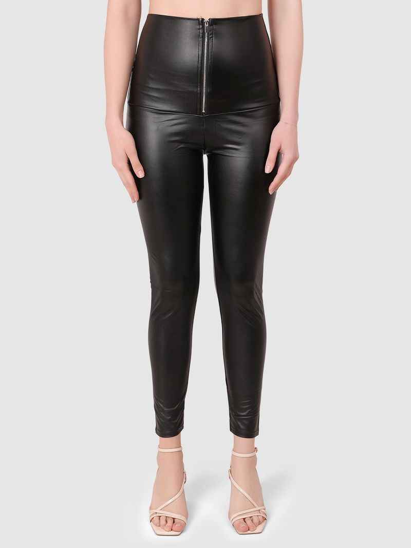 Skinny Fit Black Leather-Effect Front Zipper Ankle-Length Jeggings