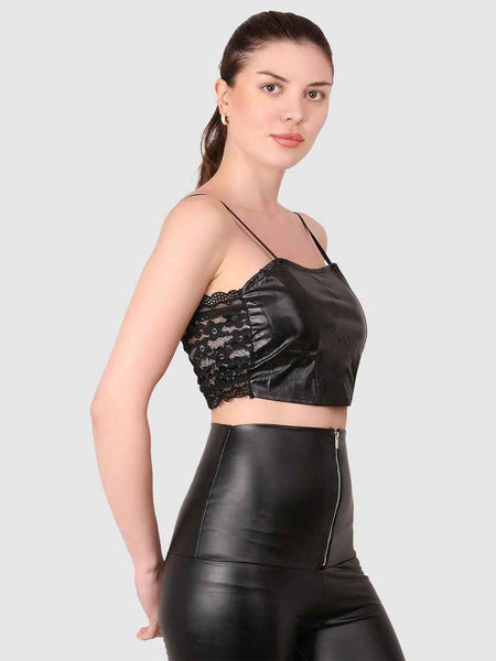 Women  PU Leather Crop Top Solid Bandeau Tube Tops
