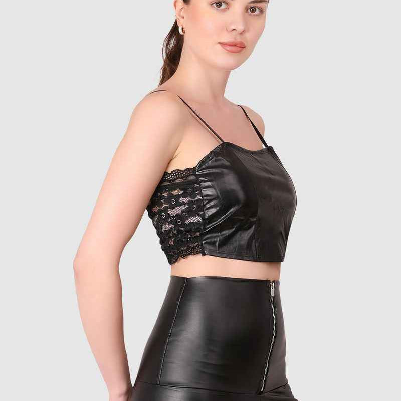 Women  PU Leather Crop Top Solid Bandeau Tube Tops