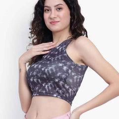 Abstract Printed Round Neck Fitted Opaque Crop Cotton Fitted Top