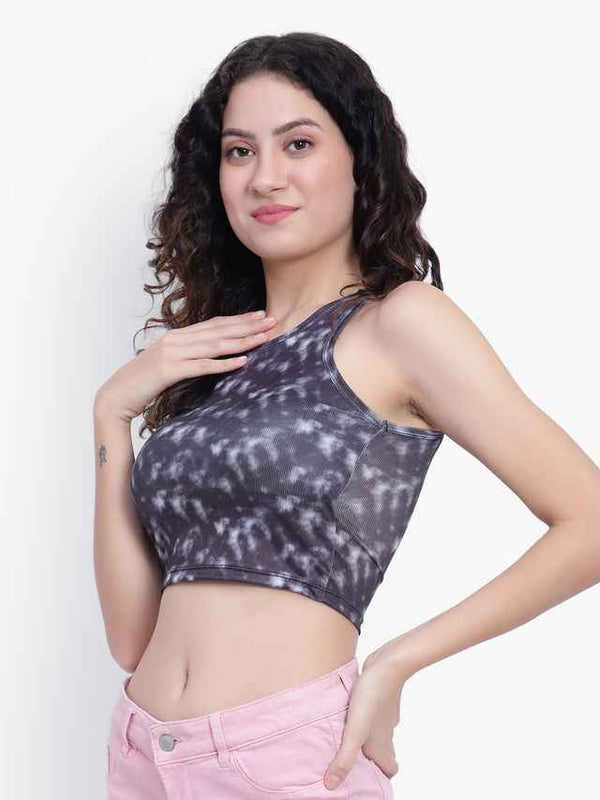 Abstract Printed Round Neck Fitted Opaque Crop Cotton Fitted Top