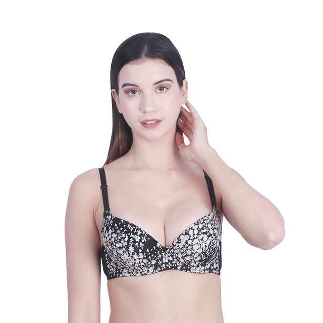 Women Black & White Floral Underwired Lightly Padded Pushup T-Shirt Bra