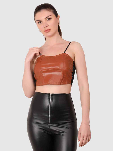 Women Brown  PU Leather Crop Top Solid Bandeau Tube Tops
