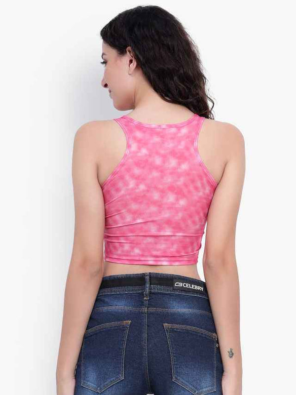 Abstract Printed Round Neck Fitted Opaque Crop Cotton Fitted Top