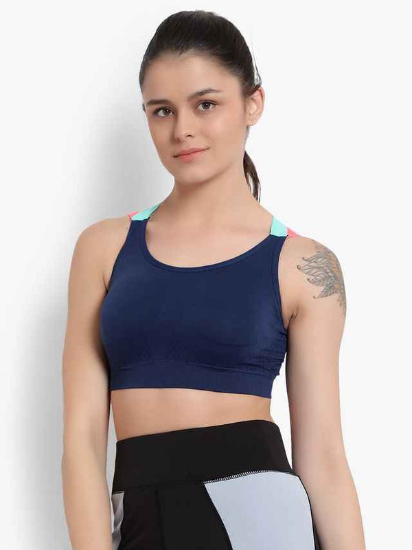 Navy Blue Solid Non-Wired Removable Padding Workout Bra