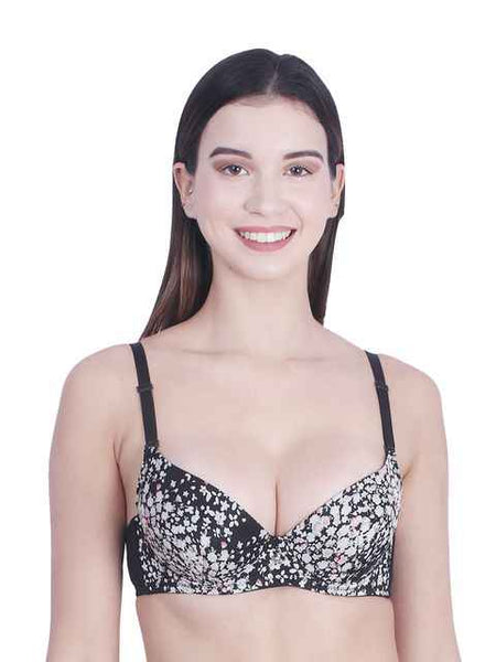 Women Black & White Floral Underwired Lightly Padded Pushup T-Shirt Bra
