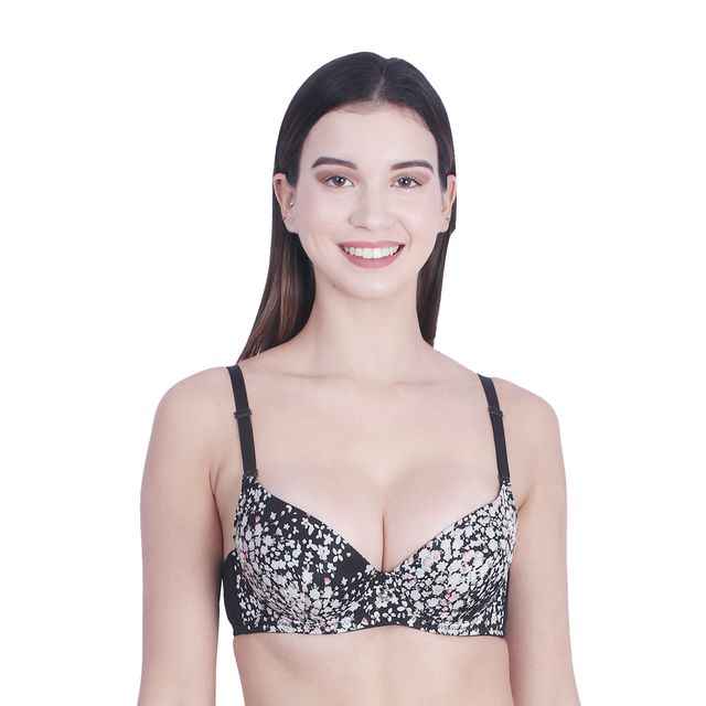 Women Black & White Floral Underwired Lightly Padded Pushup T-Shirt Bra