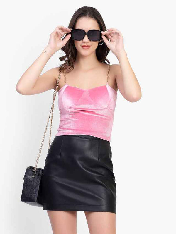Sweetheart Neck Shoulder Straps Velvet Crop Top