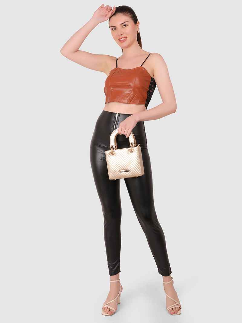 Women Brown  PU Leather Crop Top Solid Bandeau Tube Tops