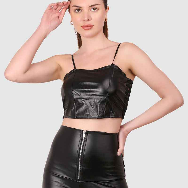 Women  PU Leather Crop Top Solid Bandeau Tube Tops