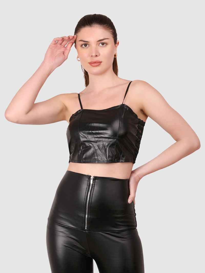 Women  PU Leather Crop Top Solid Bandeau Tube Tops