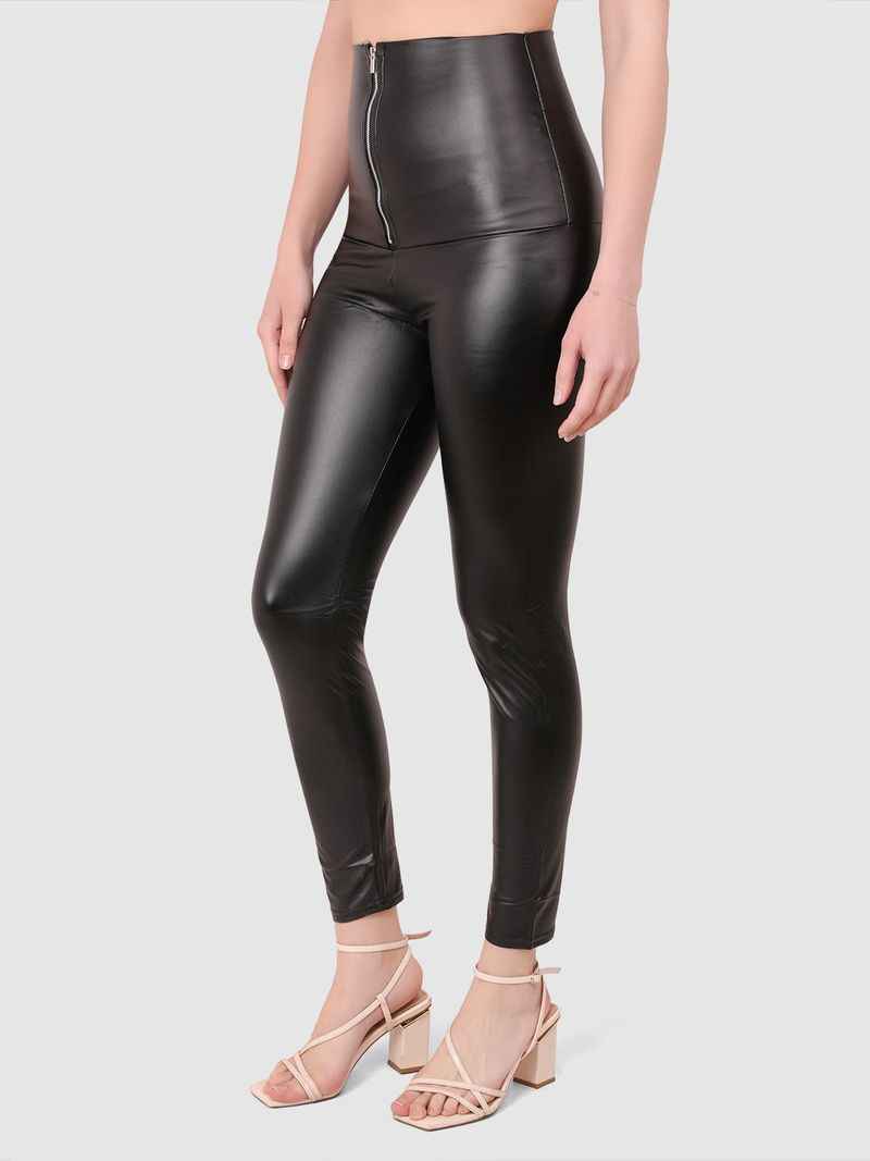 Skinny Fit Black Leather-Effect Front Zipper Ankle-Length Jeggings