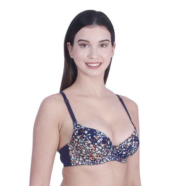 Women Navy Blue & White Floral Underwired Lightly Padded Pushup T-Shirt Bra