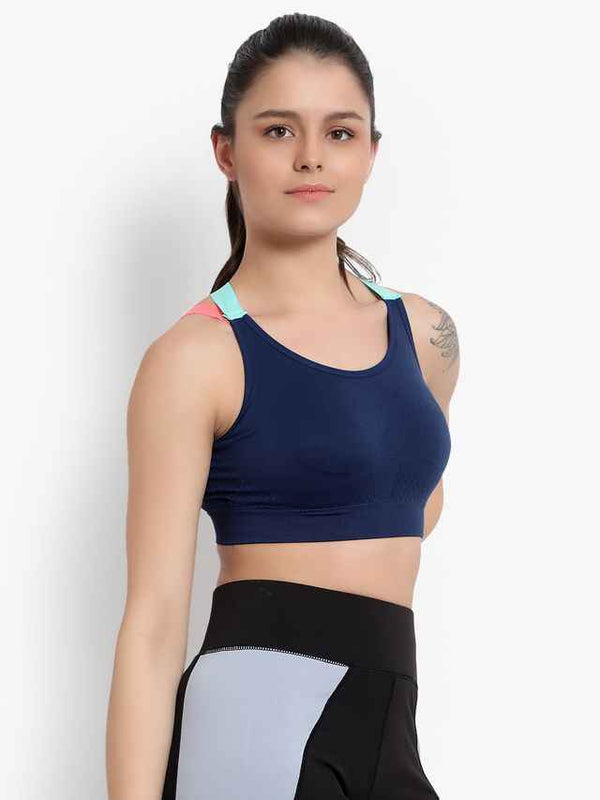 Navy Blue Solid Non-Wired Removable Padding Workout Bra