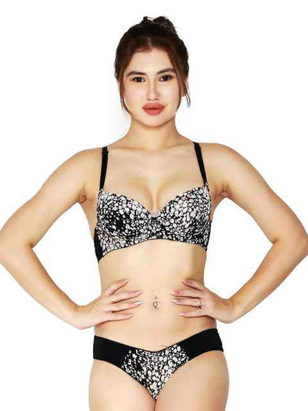 Women Black Printed Lingerie Set