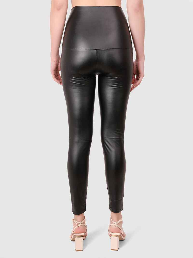 Skinny Fit Black Leather-Effect Front Zipper Ankle-Length Jeggings