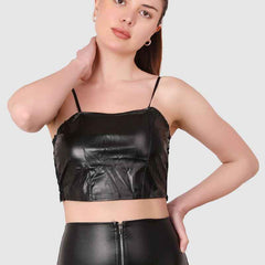 Women  PU Leather Crop Top Solid Bandeau Tube Tops