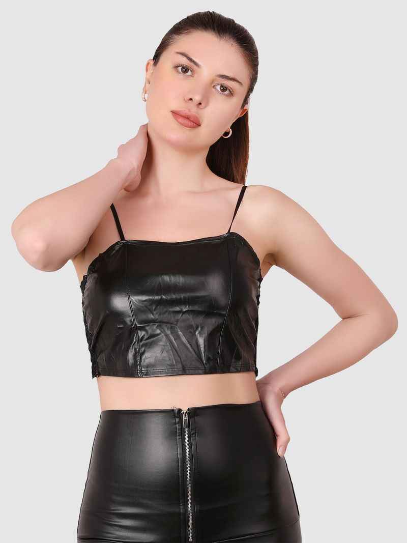 Women  PU Leather Crop Top Solid Bandeau Tube Tops