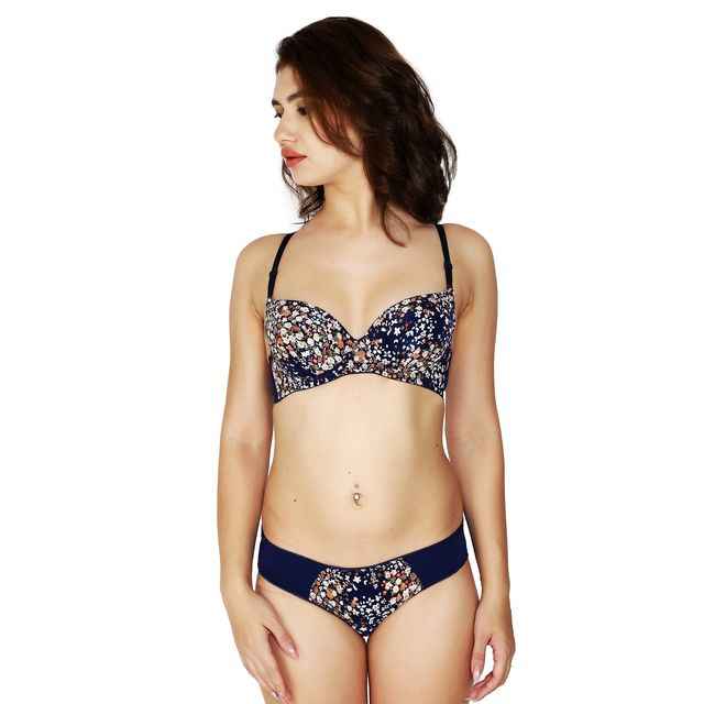 Women Navy Blue Printed Lingerie Set
