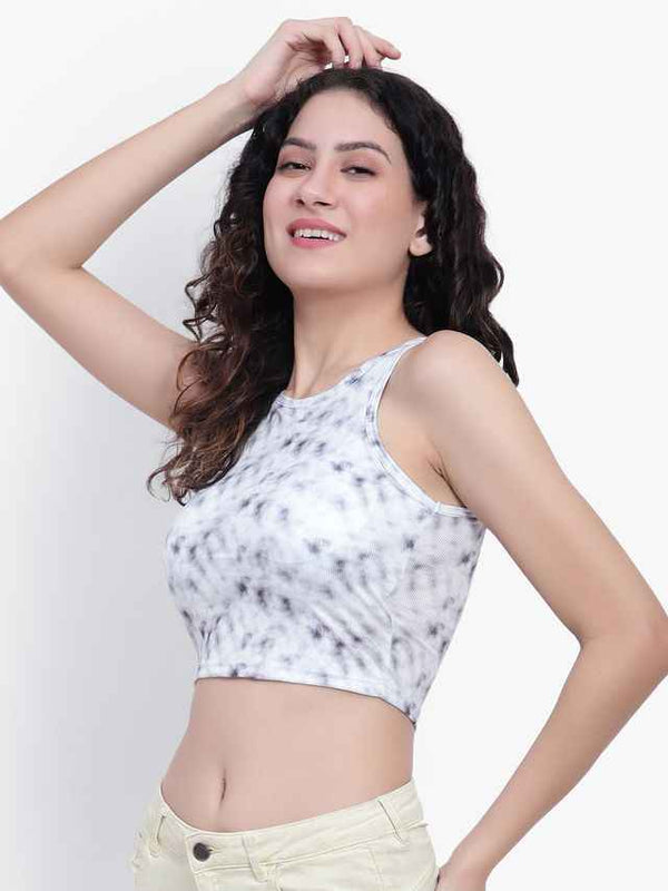Abstract Printed Round Neck Fitted Opaque Crop Top