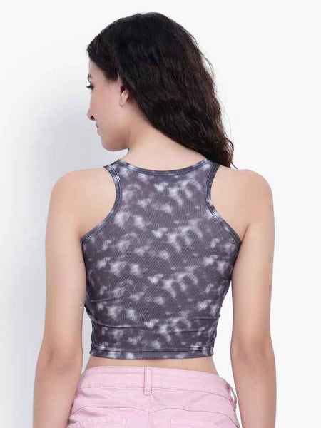 Abstract Printed Round Neck Fitted Opaque Crop Cotton Fitted Top