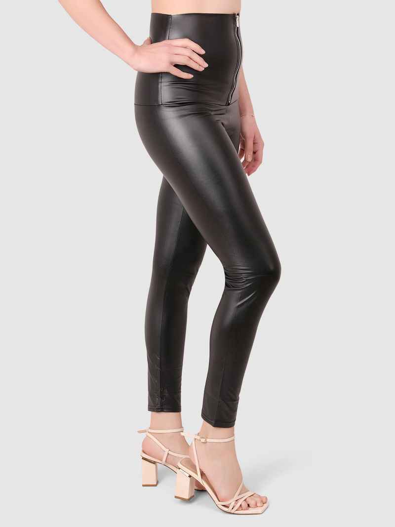 Skinny Fit Black Leather-Effect Front Zipper Ankle-Length Jeggings