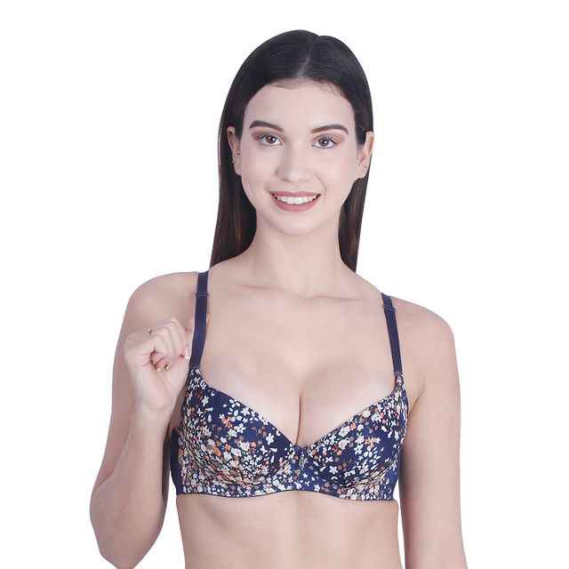 Women Navy Blue & White Floral Underwired Lightly Padded Pushup T-Shirt Bra