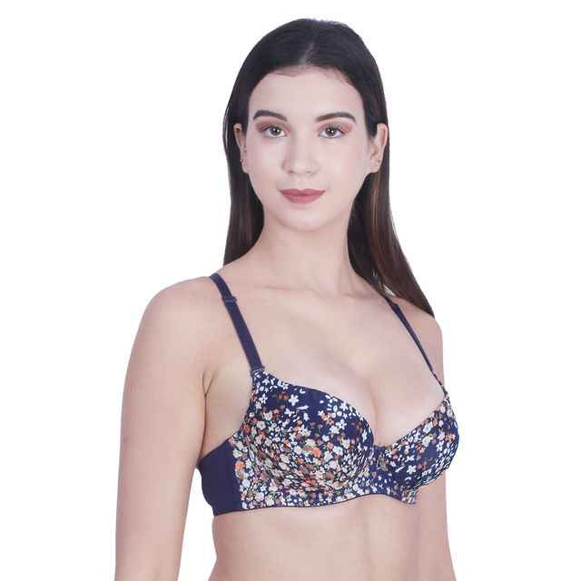 Women Navy Blue & White Floral Underwired Lightly Padded Pushup T-Shirt Bra