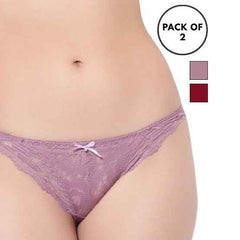 Set Of 2 Purple & Maroon Mid-Rise Net Self Design Panties Bikini Briefs