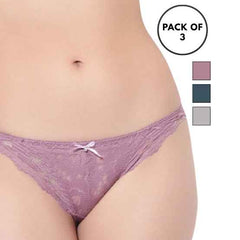 Set Of 3 Green, Purple & Grey Mid-Rise Net Self Design Panties Bikini Briefs