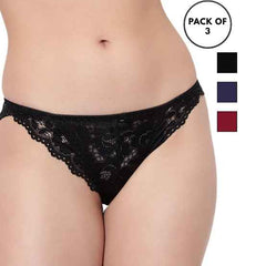 Set Of 3 Blue, Black & Maroon Mid-Rise Net Self Design Panties Bikini Briefs