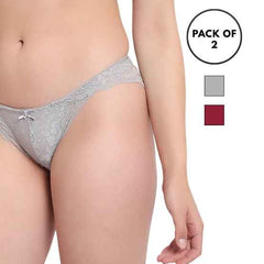 Set Of 2 Grey & Maroon Mid-Rise Net Self Design Panties Bikini Briefs