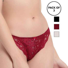 Set Of 3 Black, Maroon & Peach Mid-Rise Net Self Design Panties Bikini Briefs
