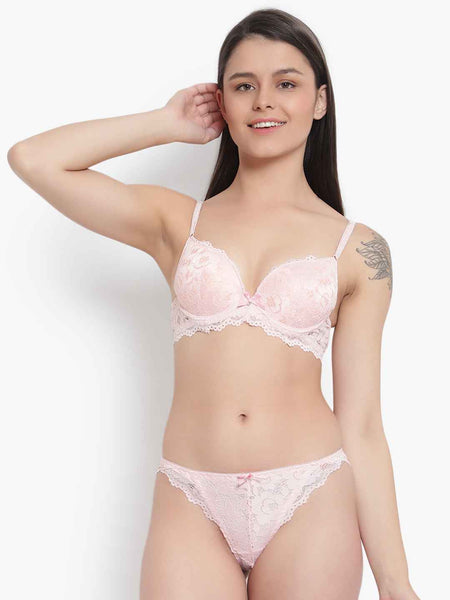 Women's Elegant Lace Love Double Padded Underwired Push up Bra Panty Bridal Set