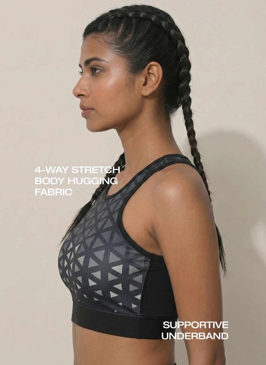 Blosoom High Coverage Racerback Sports Bra with Laser Print Front Panel, Sweat-Wicking Fabric, Wide Support Band & Bounce-Control Comfort for Active and Daily Wear_BL AL S 22