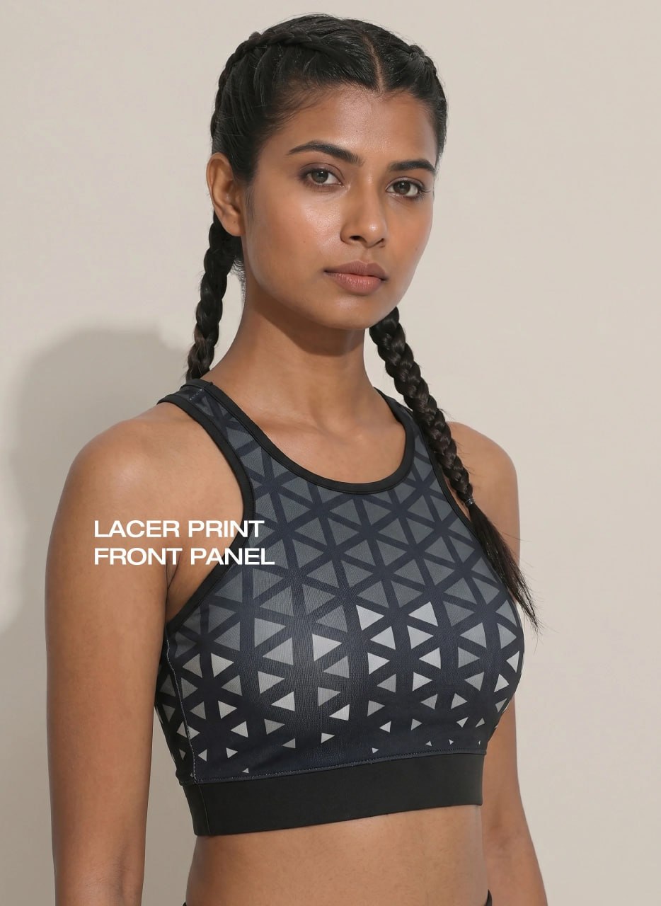 Blosoom High Coverage Racerback Sports Bra with Laser Print Front Panel, Sweat-Wicking Fabric, Wide Support Band & Bounce-Control Comfort for Active and Daily Wear_BL AL S 22
