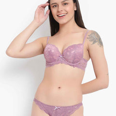 Women's Elegant Lace Love Double Padded Underwired Push up Bra Panty Bridal Set